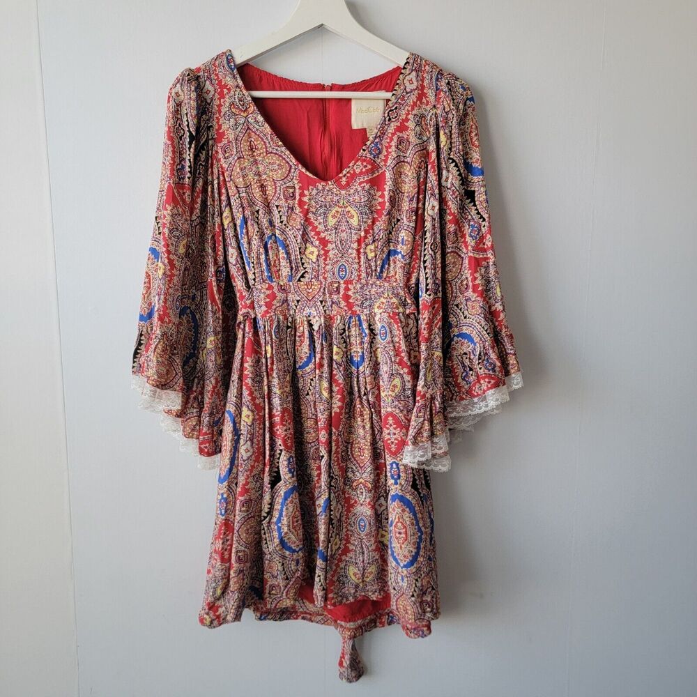 ModCloth Dress Women’s sz M Multicolor Swing Mini Paisley Bell Sleeve lace Boho